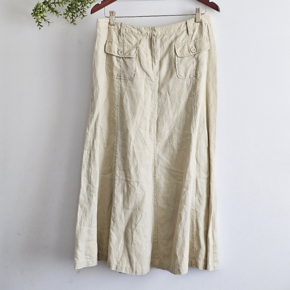 Boden Linen Long Skirt A-Line Beige Flared Panel Y2K Pockets Size 12 R